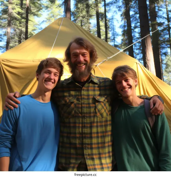 Three people camping in the woods