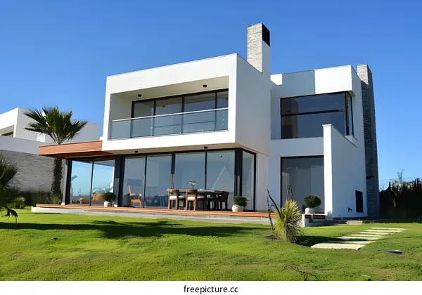 Modern White House with Large Windows and a Patio