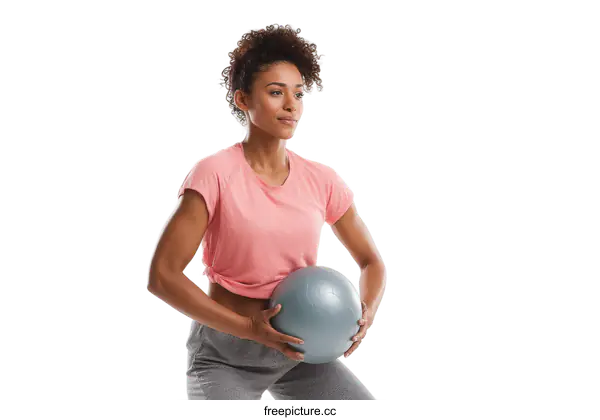 [Transparent Background PNG]Young woman holding gray exercise ball in fitness studio