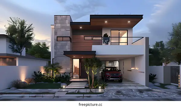 Modern House Design with Stone and Wood Exterior