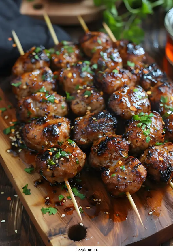 meatballs with herbs and spices on wooden skewers