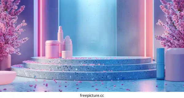 Blue and Pink Podium with Cosmetics and Cherry Blossoms on Top