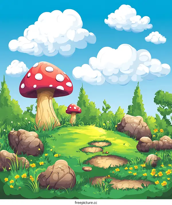 Cartoon Illustration of a Fantasy Forest with Mushrooms and a Stone Path