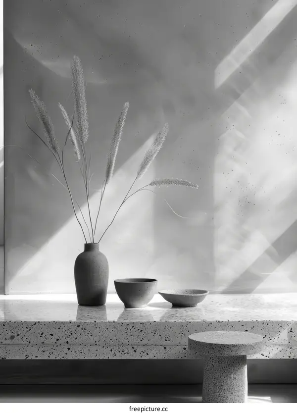 Black and White Still Life with Vase and Bowl