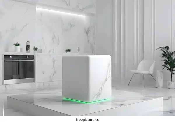 White Marble Kitchen with Modern Design and Green Light
