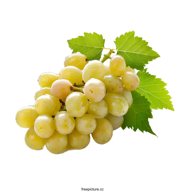 [Transparent Background PNG]A bunch of green grapes with leaves on a white background