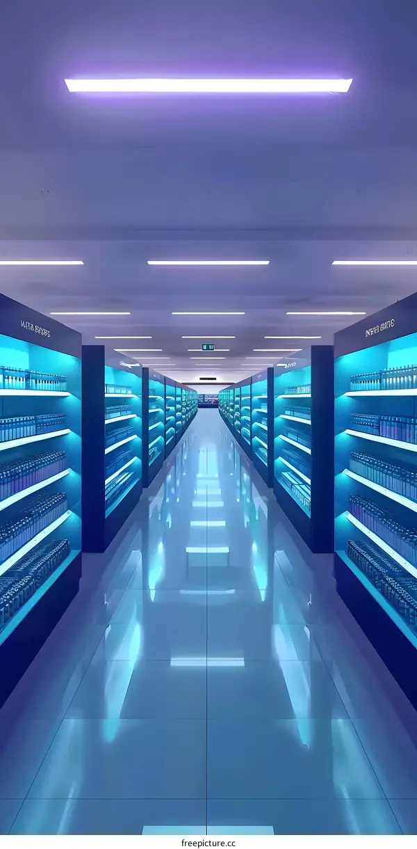 Empty Supermarket Aisle with Bright Neon Lights