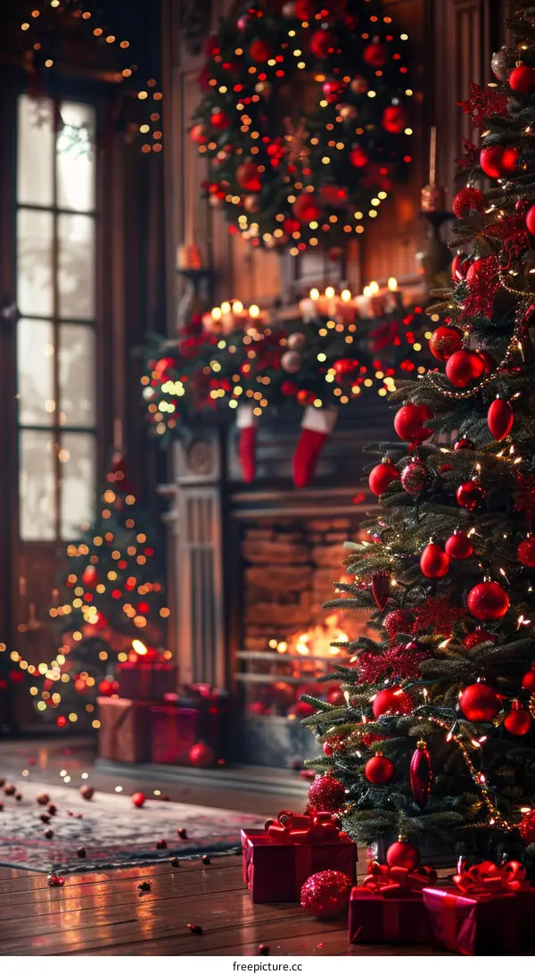 Christmas Tree with Red and Gold Ornaments by Fireplace