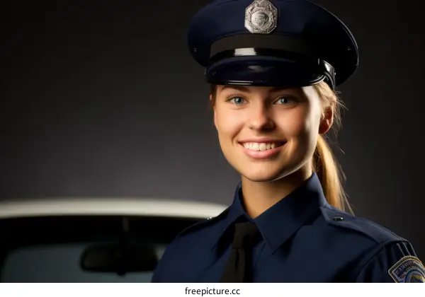 A policewoman in uniform smiles in front of a police car.