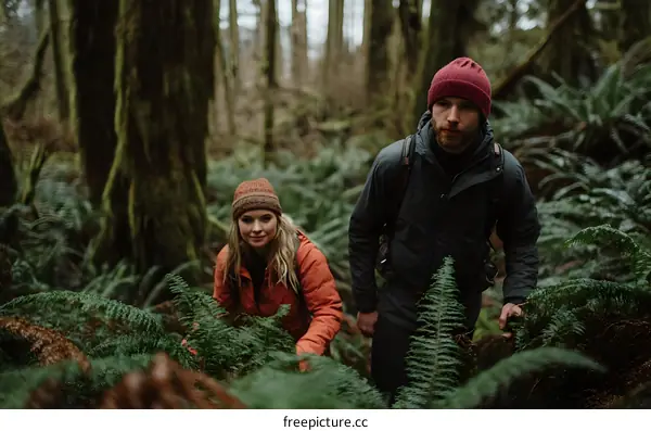 Couple Hiking Through Lush Forest
