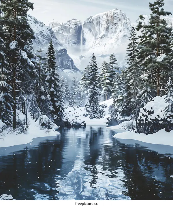 Snowy Mountain Landscape with a Frozen River