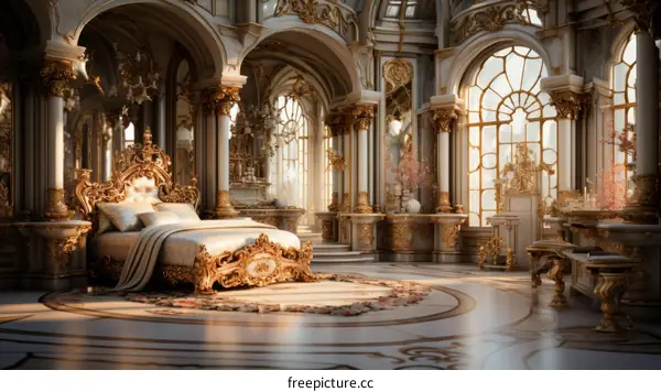 Ornate bedroom with a large golden bed