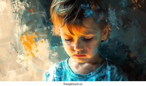 Little Girl Portrait Painted in Blue and Orange Colors