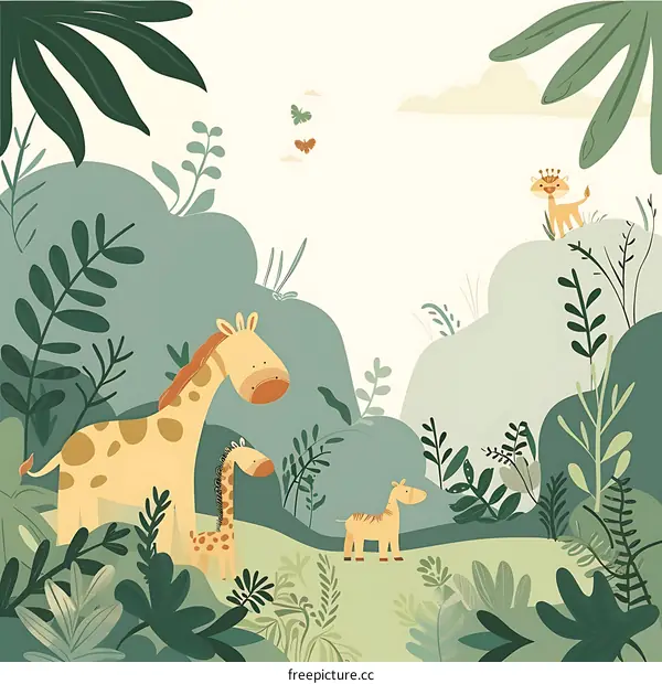 Cute Giraffe Animals Illustration with Green Leaves Background