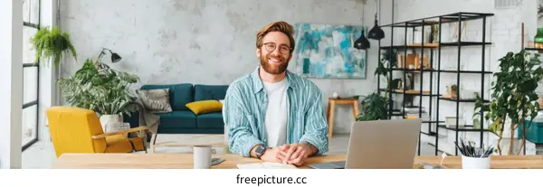 Smiling Caucasian Man Working from Home