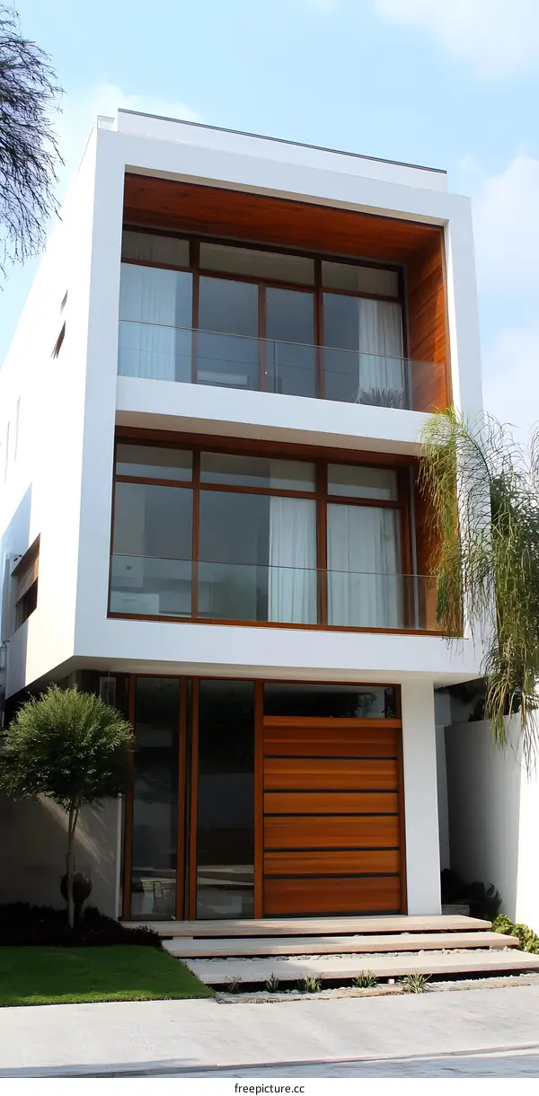 Modern White House with Wooden Accents and Large Windows