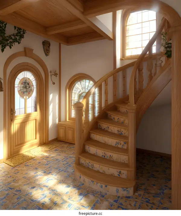 Wooden Staircase Design In A  Home With  Sunlight