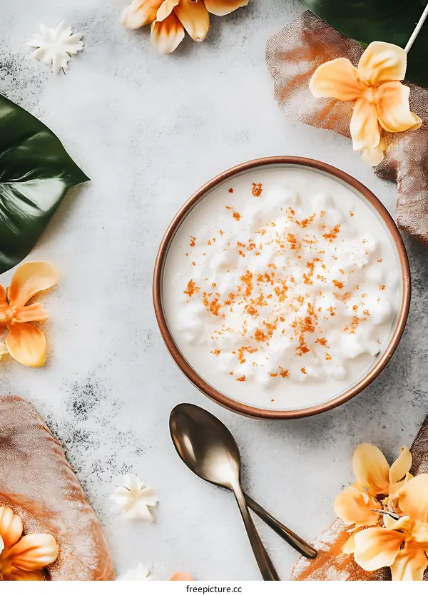 White Dessert in Bowl with Flowers