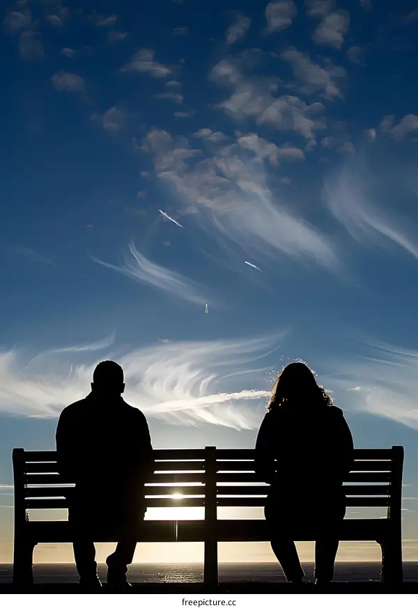 Silhouettes of Couple Sitting on Bench Against Blue Sky