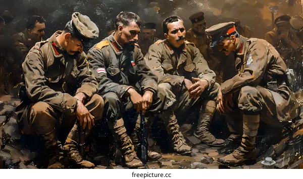 A group of soldiers in a trench during World War I