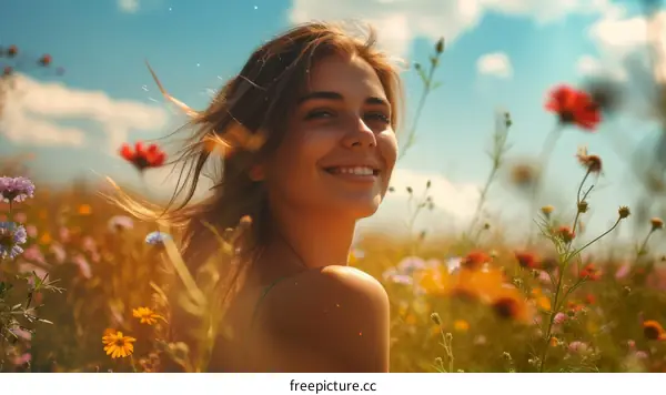 Portrait of a beautiful young woman in a field of flowers