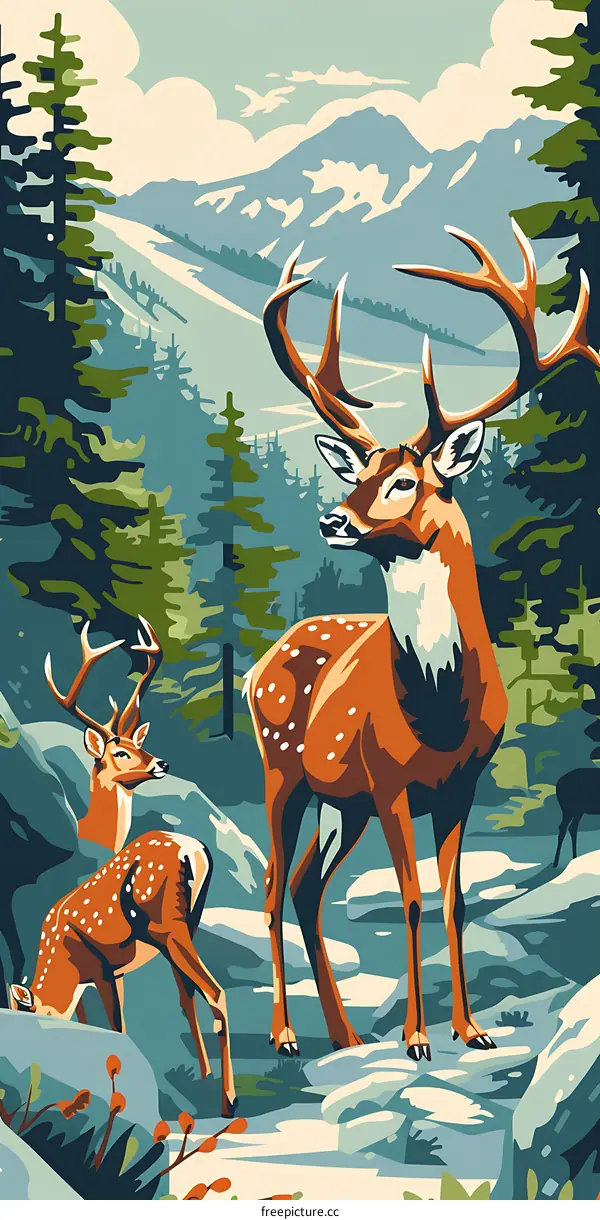 Two Deers In Forest With Mountains In Background