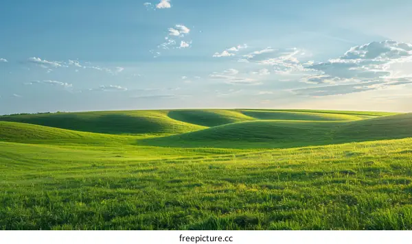 Green rolling hills under blue sky with white clouds