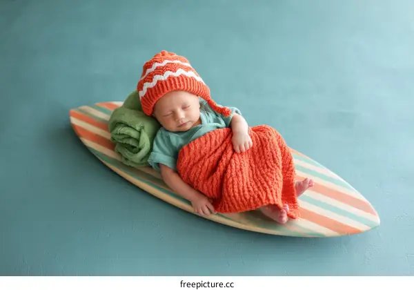 Adorable Baby Posing on a Surfboard