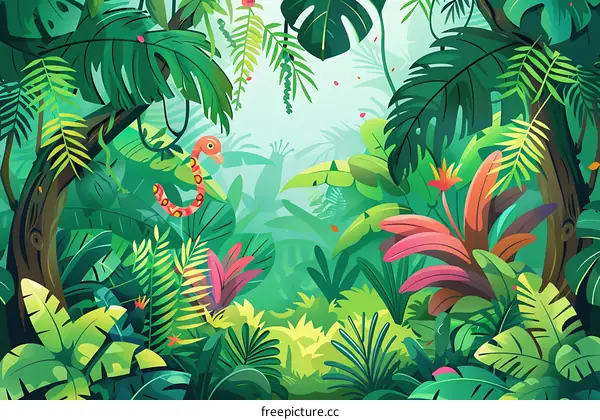 Tropical Rainforest Illustration with Snake and Lush Greenery