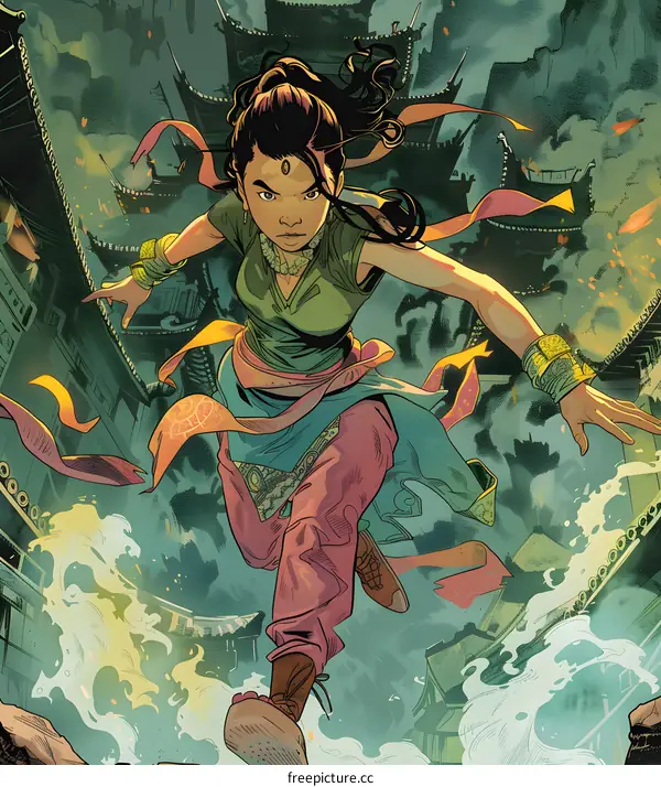 Young Woman in Traditional Asian Clothing Running on Rooftop