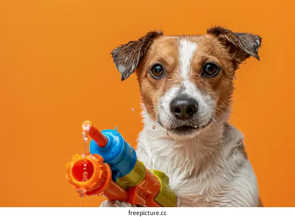 A wet Jack Russell Terrier dog holding a water gun in its mouth