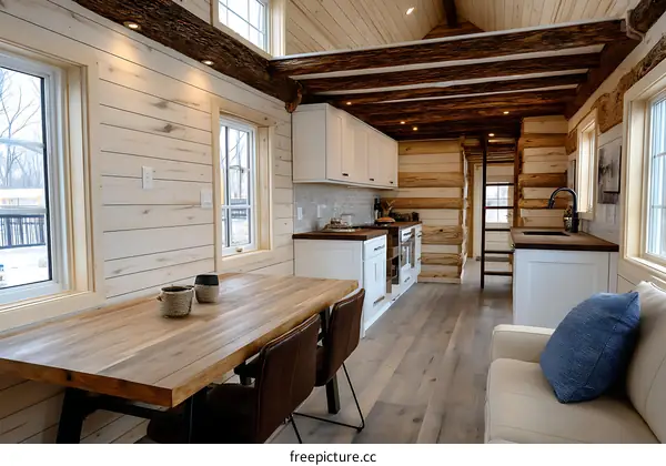 Cozy Tiny House Interior Design with Natural Wooden Beams