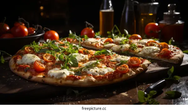 half pizza with tomatoes and basil on a wooden board