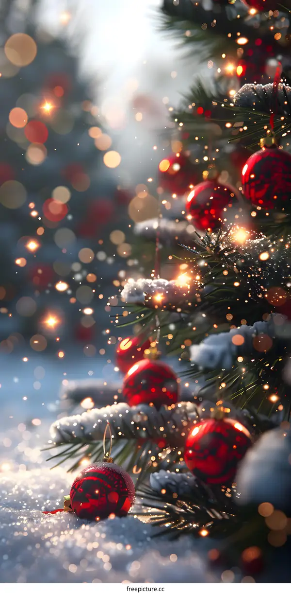 Red ornaments on a Christmas tree