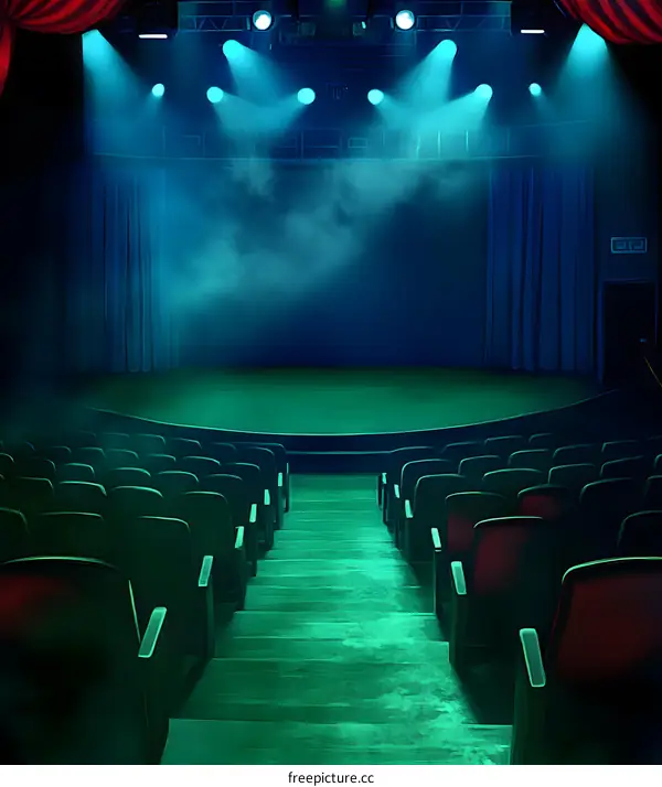Empty Theater Stage with Red Curtains and Spotlights