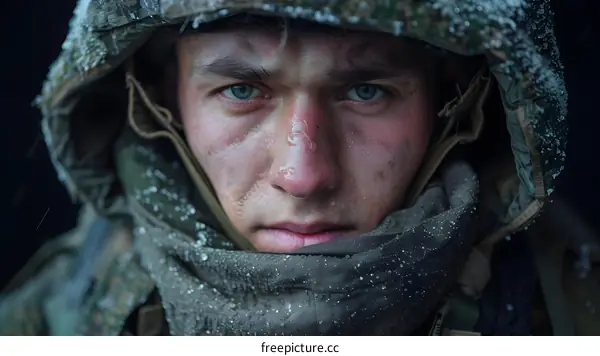 Portrait of a young soldier in winter gear.