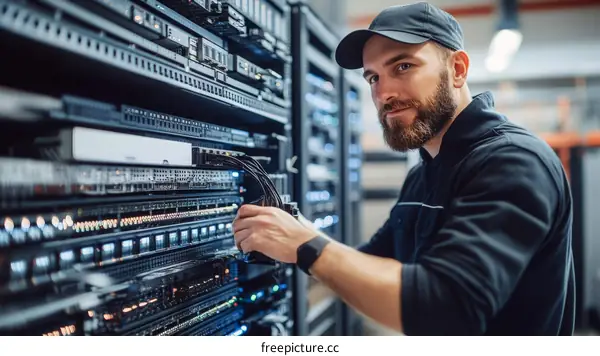Technician Working on Server Rack in Data Center