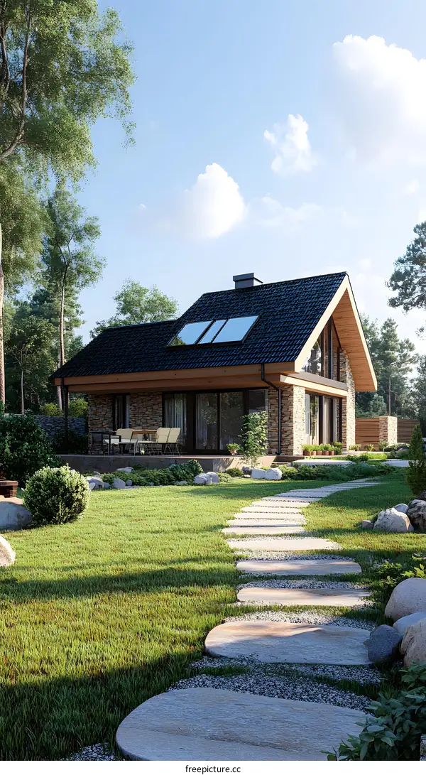 Modern House with Stone Exterior and Green Lawn