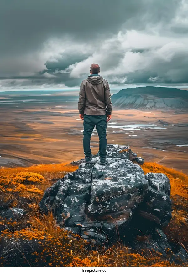 Man Standing on a Mountain Top Looking at the View
