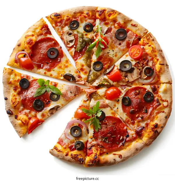 Delicious Italian Pizza with Salami, Olives and Basil