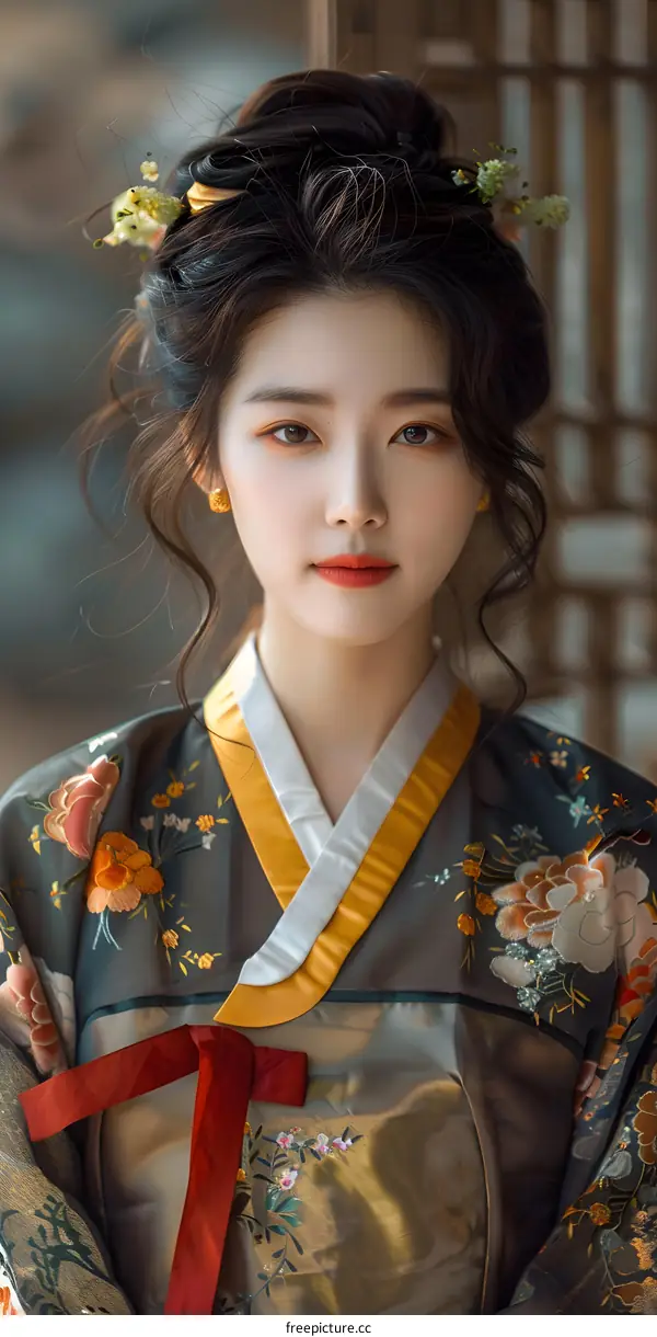 Portrait of a beautiful Asian woman in traditional Korean dress, or Hanbok