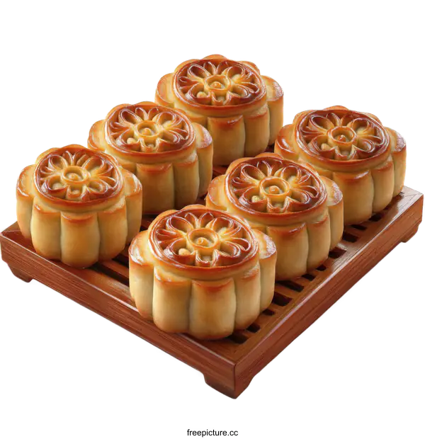 [Transparent Background PNG]Mooncakes on Wooden Tray Display