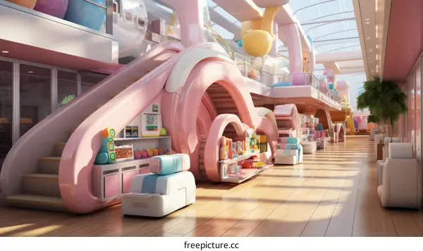 A shopping mall with a pink and white color scheme and a large slide