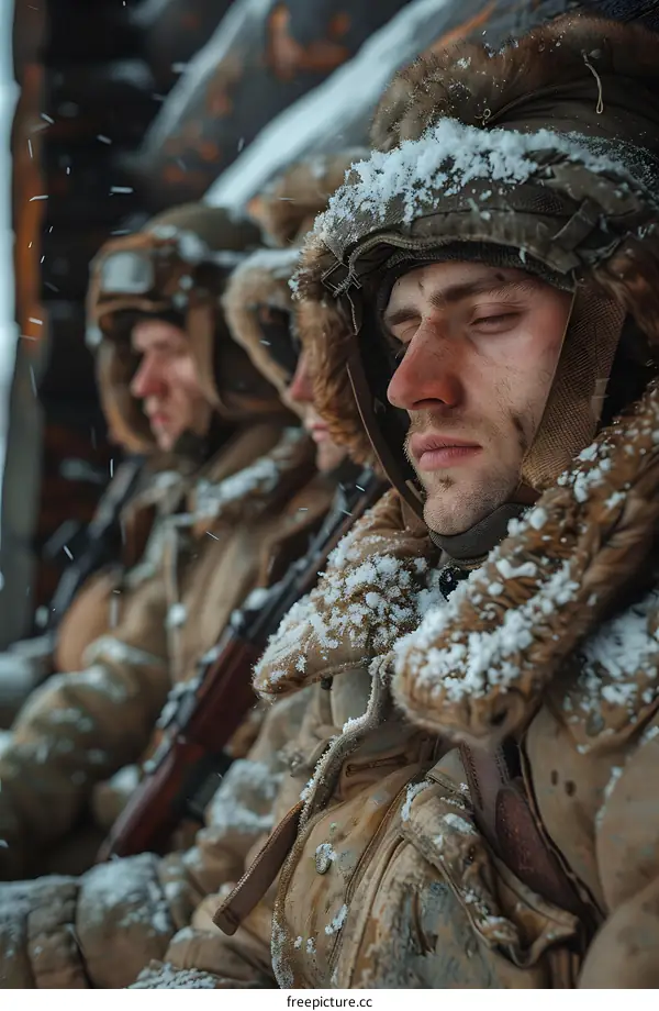 Three Soviet soldiers are taking a rest in the snowy field