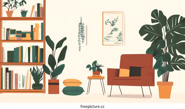 Cozy Living Room Illustration with Plants and Bookshelf