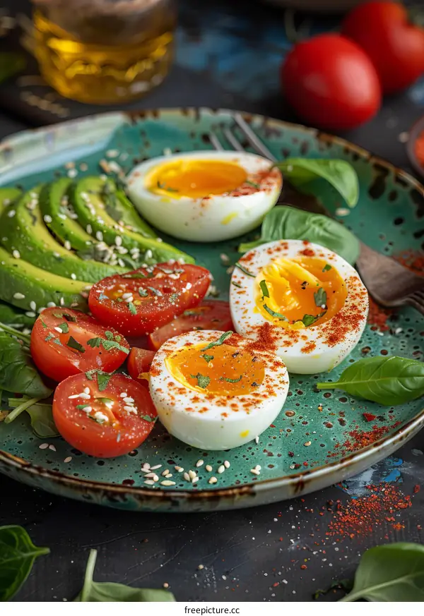 Healthy breakfast with boiled egg, avocado and tomatoes