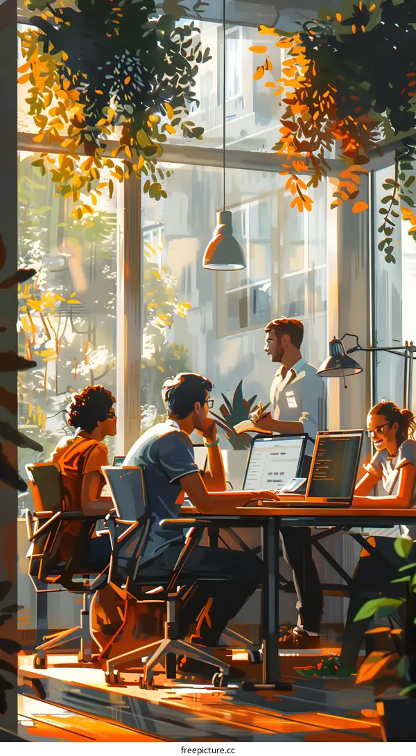 Four people in a meeting discussing ideas