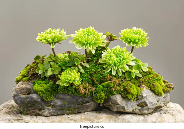 Green Succulent Plants on a Stone with Moss
