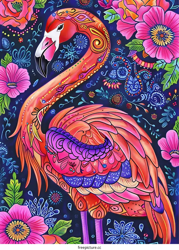 Vibrant Pink Flamingo with Detailed Floral Pattern