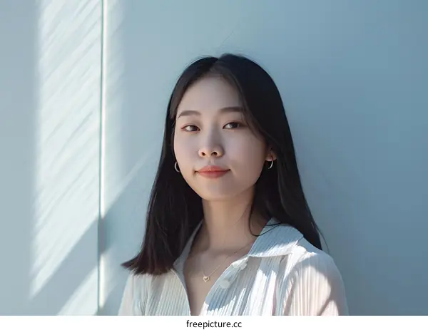 Portrait of a Young Asian Woman with Long Black Hair Wearing White Shirt